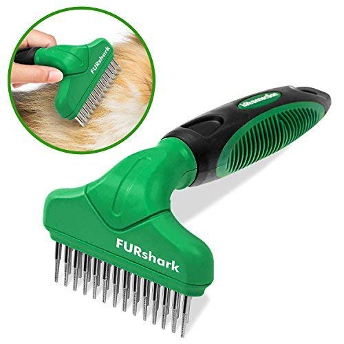 DEMATTING TOOL for DOGS and CATS | 2 Sided Rake with Dual Shedding Blades | Cat Hair Remover Comb for Knots, Tangles & Mats | Dog Brush for Long Haired | Pet Grooming Kit Essentials (FURshark, Green)