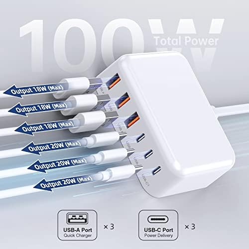 USB C Charger Block, 100W 6 Port PD USB C Charging Station and QC USB A Wall Charger Block Cube, Type C Charging Hub for iPhone 17 16 15 14 13 12 Pro Max iPad Galaxy S25 Pixel, 5ft Extension Cord - 2