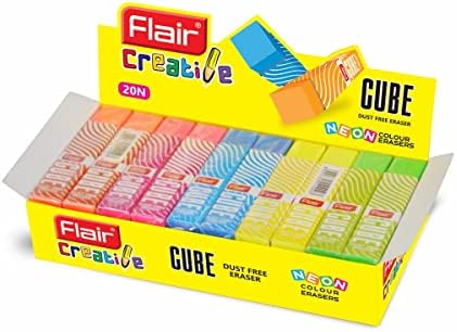 Flair Creative Series Cube Eraser Box Pack | Neat & Dust Free Erasing | Neon Color Erasers | Stationery Gift Item For Kids & Students | Safe For Children | 5 Different Body Colors | Pack of 20 Erasers