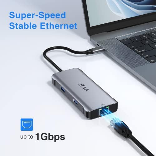 USB C Hub Multiport Adapter for Macbook Pro Air, 6 in 1 USB C Adapter USB C Dongle to 4K HDMI, Ethernet, 100W PD, 3 USB 3.0 Ports, type c ethernet adapter compatible with Surface, Dell, HP, Lenovo