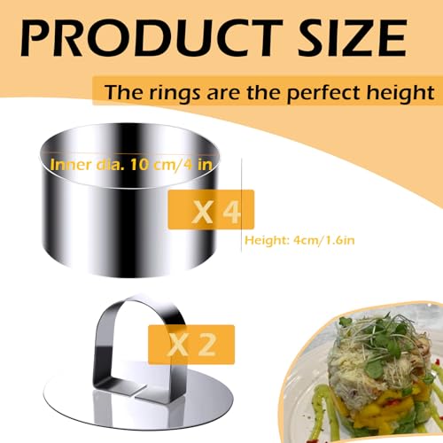 KUAYB Round Cake Ring Molds, Stainless Steel 4 inch Food Rings Dessert Mousse Cooking Rings Mold with Pushers 10cm (Include 4 Rings & 2 Pushers) by KUAYB - Image 2