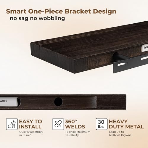 Image of Floating Shelves for Wall, 32in Reclaimed Elm Wood Shelves, Walnut, 2PCs | 8'' D Rustic Solid Elm Wood Shelves for Storage, Wall Mounted Display Shelving with Invisible Heavy-Duty Metal Bracket