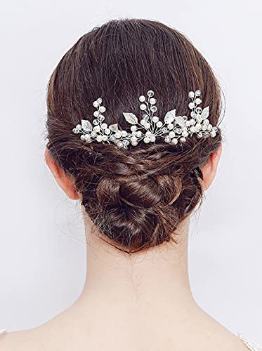 YERTTER 3pcs Wedding Bridal Pearl Hair Pins Set Leaf Crystal Hair Clip Bun Head Pieces for Bride Bridesmaid Flower Girl Wedding Prom Brithday Party (Silver)