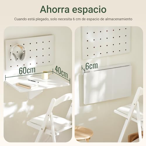 SoBuy Mesa Plegable a Muro, Escritorio Compacto, Mesa de Cocina Plegable, Diseño Salvaspacio, Extensible, Ideal para Espacios Pequeños, Cocina, Oficina, 60x40cm Blanco FWT03-W - imagen 4