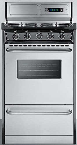 Summit Appliance Ttm1307Bksw 20" Wide Gas Range In Stainless Steel With Sealed Burners, High Backguard, Clock/Timer, Oven Window, Towel Bar Handles And Electronic Ignition #TOP2