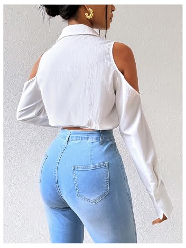 SweatyRocks Women's Cold Shoulder Long Sleeve Button Down Collared Cropped Blouses2