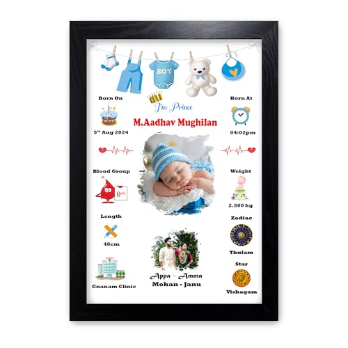Image of MUSHA Celebrate Precious with Our Personalized Newborn Baby Birth Photo Frame - Birthday Gift for Girls & Boys - Wooden Frame(12 * 8, Boy)