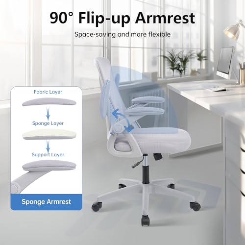 Office Chair Ergonomic Desk Chairs with Lumbar Support Mesh Computer Chair with Flip-up Armrests Comfy High Back Support Rolling Swivel Executive Task Chair for Home Office Grey