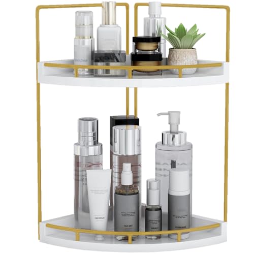 Image of Dorhors 2-Tier Bathroom Counter Organizer,Vanity Counter Corner Shelf, Skincare, Wood Countertop Bathroom Storage and Organization for Kitchen (Gold)