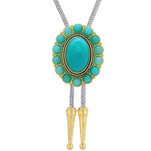 Image of GelConnie Bolo Tie for Men Women Western Cowboy Turquoise Leather Necktie | Natural Stone Bolo Tie Necklace for Women Rodeo Cowboy Leather Necktie Native American Western Cowgirl Ties Adjustable Cord