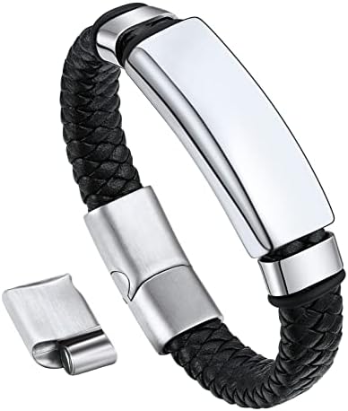 Bandmax Black Metal ID Bar Cuff Bracelet for Men Boy Wax Rope Chucky Wristband Braided Genuine Bracelet with Adjustable Buckle