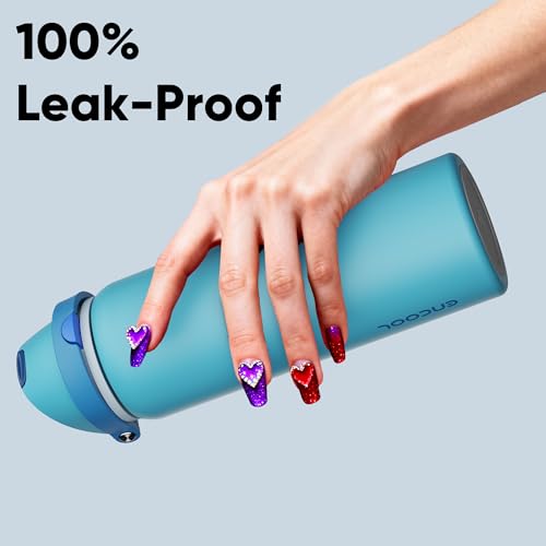 Image of Insulated Water Bottle with Straw - Encool Stainless Steel Water Bottle with Push Button Lid, Leak-Proof & BPA-Free, Keeps Cold for 24 Hours for Sports, Travel, Gym (32 oz, Silk Blue)