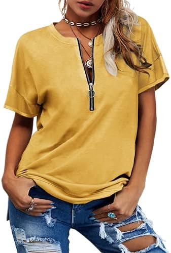 GIBLY Women Zipper Design Short Sleeves V-Neck T Shirt Solid Casual Loose Basic Tops