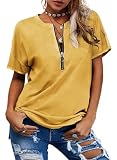 GIBLY Women Zipper Design Short Sleeves V-Neck T Shirt Solid Casual Loose Basic Tops
