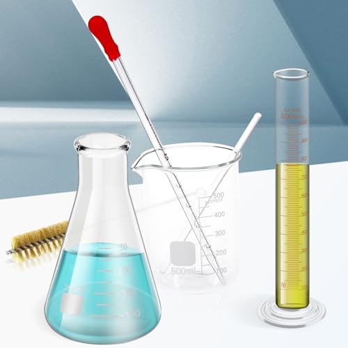 creahub 15 Pcs Glass Measuring Beaker 50/100/500 ml, Glass Flask 50/100/250 ml, Graduated Cylinder 10/50/100ml with 1 Brush, 2 Diameter and 2 Droppers for Science Lab - Thumbnail 6