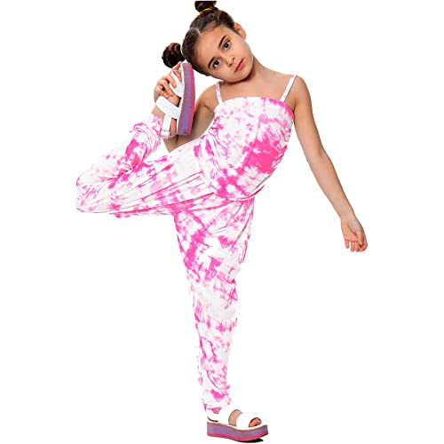 Enterizo para niñas ideal para jugar y pasear con estampado teñido anudado rosa neón 2