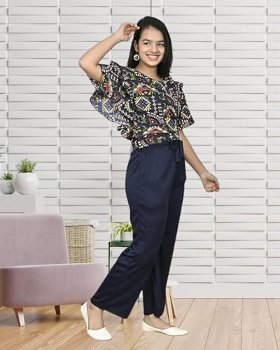Image of Girls /Kids Printed Floral Designer Top and Palazzo Set Crop Top and Palazzo Set Printed /Fancy Palazzo and top Set for Girls with tie in Waist