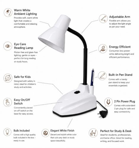 Image of LED White Study Table Lamp with Adjustable Flexible Neck | Metal Desk Lamp for Reading, Study, Work from Home & Office Use | Eye Comfort Lighting for Students