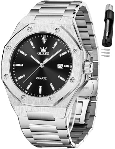 OLEVS - Large Easy to Read Stainless Steel Business Watch Analog Waterproof Luminous Casual Luxury Men Watch