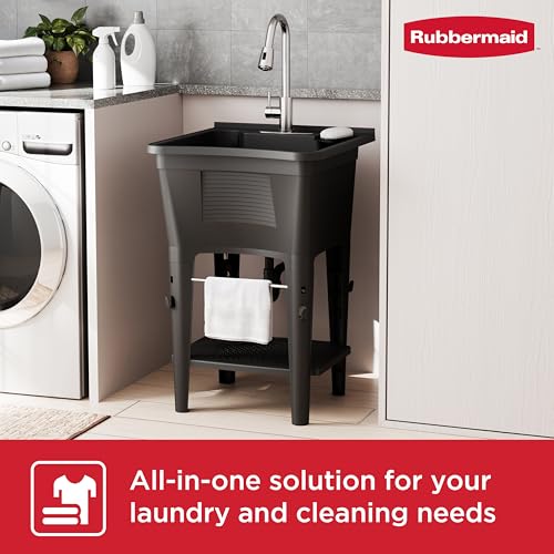 Rubbermaid Utility Sink Laundry Tub, Freestanding Laundry Sink with Premium Stainless Steel Sprayer Faucet, for Laundry Room, Basement, Garage, 24.1" L x 24.1" W x 52.5" H, Black by Rubbermaid - Image 2