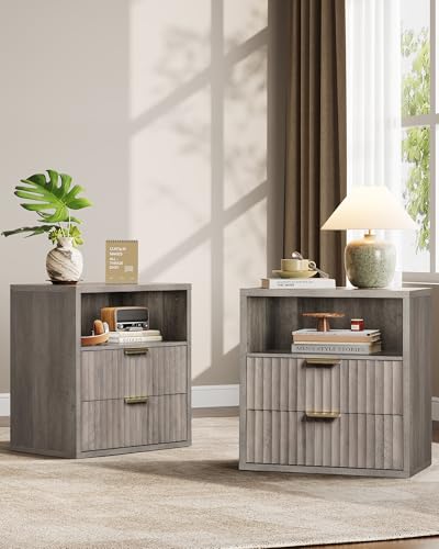 WLIVE Wood Night Stand, Fluted Nightstands Sets of 2 with Drawers, Greige