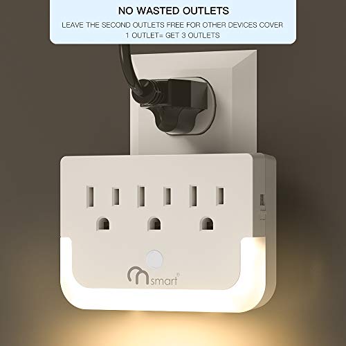 ONSMART Wall Outlet, Plug-in Night Light with 3- Outlet Extender, 2-Pack Warm White LED Nightlight with Dusk-to-Dawn Sensor, Suitable for Hallway, Stairs, Bathroom, Bedroom, Living Room ,Kitchen
