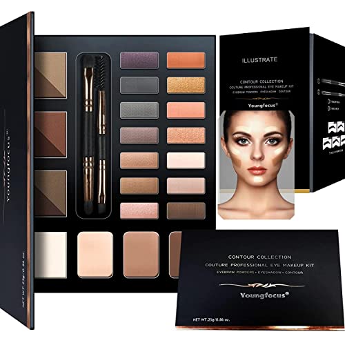 Youngfocus Eye Makeup Brow Contour Kit, 6 Eyebrow Powders Palette Set, 5 Eyebrow Stencils, 14 Highly Pigmented Eyeshadows, 3 Highlighter Contour Powders, Spoolie/Brush Duo, Eye Brow Wax – Best Gift