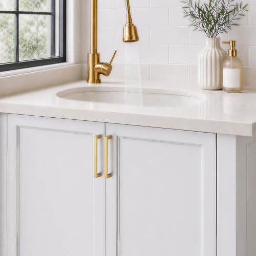 Image of Ravinte Brushed Gold Kitchen Cabinet Solid Handles,5 Inch,10 Pack | Solid Zinc Alloy, Modern Slim Style, Square Design, Deep-Thread Firm Base, Screws Included, for Kitchen Drawers & Cupboards