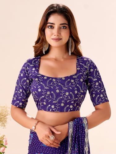 Image of AKHILAM Women's Bandhani Printed Chiffon Saree with Blouse
