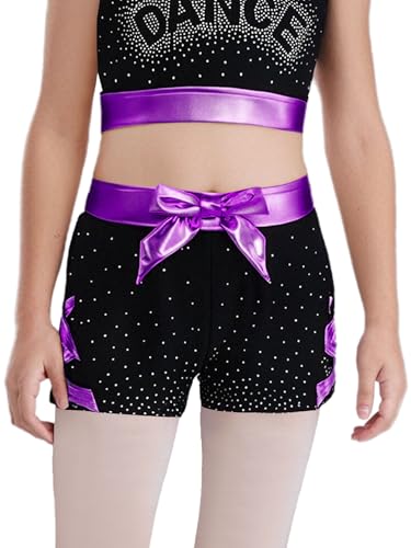 Kids Girls Dance Shorts Metallic Bow Rhinestone Shorts for Gymnastics Ballet Dance Stage Performance Outfits