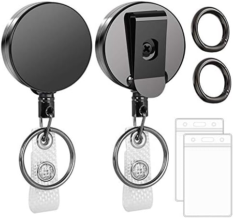 WWW (2 Pack) Heavy Duty Metal Retractable Badge Holders Reel with [Carabiner] [Belt Clip Key Ring ] and [2pcs Plastic ID Card Holders] 26.8 inches Reinforced Wire Cord