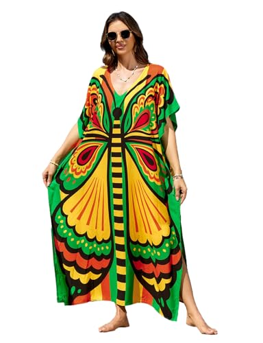 Image of sunforyou Kaftan Dresses for Women Plus Size Lightweight Swimsuit Cover up Batwing Sleeve Print Loungewear Beach Robe