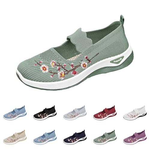 Cómodos zapatos de punto para mujer con bordado, ligeros, zapatos de trekking, cómodos, para correr, deportes acuáticos, transpirables, para caminar diariamente, pies anchos, verde, 35 EU