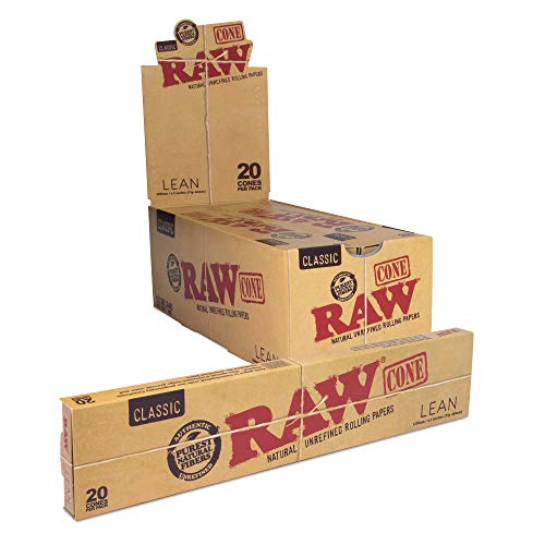 RAW Cones Classic Lean Size | 12 Packs | Natural Pre Rolled Rolling Paper with Tips | 20 Cones per Pack