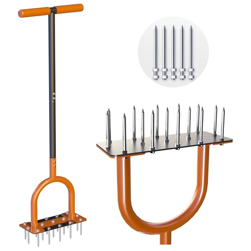 CKLT 39in Lawn Aerator Spike Tool with 304 Stainless Steel Spikes Heavy Duty Lawn Aerator with Wide Foot Plate Rubber Handle for Soil Aeration, Grass & Yard Care