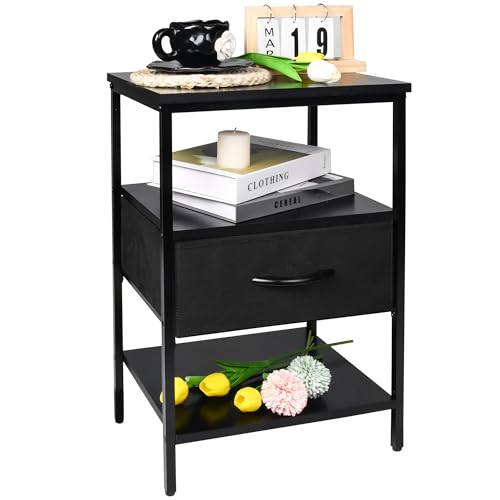 Luminexis Black Nightstand with Fabric Drawer and Wood Shelf, Waterproof Surface Bedside Table, Eco-Friendly Small Side Table for Bedroom