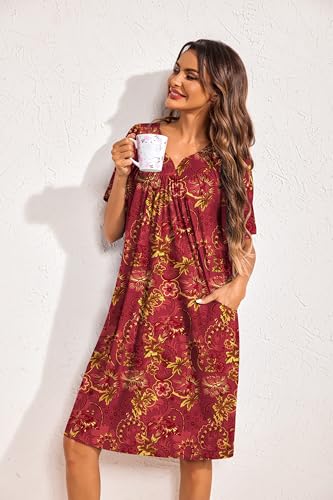 Image of Ekouaer 2 Pack House Dresses for Women with Pockets Short Sleeve Moo Moos Floral Print Mumu Dresses