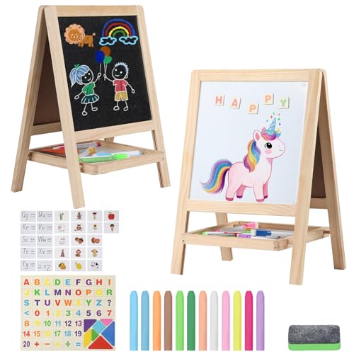Tabletop Painting Wooden Art Easel for Kids - 4-in-1 Double-Sided Drawing Board for Toddlers 2-4, Chalkboard & Dry Whiteboard with Markers, Eraser, Magnetic Letters/Numbers & Flashcards