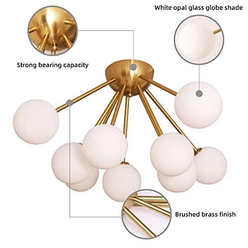 Baoden Large 9 Lights Modern Globe Semi Flush Mount Ceiling Light Mid Century Sputnik Chandeliers With White Globe Glass Lampshade Brushed Brass Elegant Light Fixture For Living Room Lighting(Gold) #TOP5