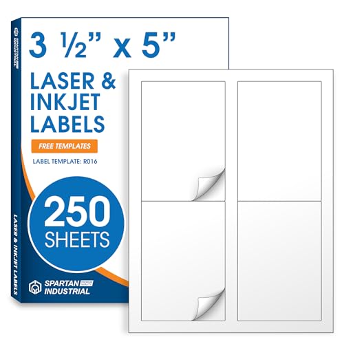 3 1/2" X 5" Matte White Printable Labels Compatible with Inkjet and Laser Printers - 250 Sheets, 1000 Stickers for Shipping, Mailing, and Organization - Spartan Industrial Template R016 by Spartan Industrial - Used condition - CA$28.96