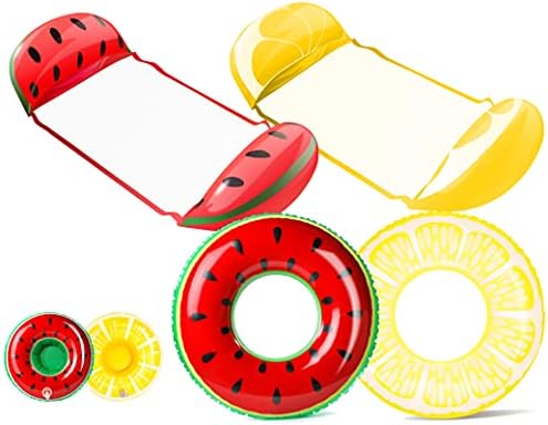 BECENBIN 2Packs Hammock Inflatable Pool Floats in Fruit Pattern, Multi-Purpose Comfortable Floating Chair for Adults&Kids with 2 Swim Rings&2 Cup Holders,Backyard Swimming Raft/Lounger Pool Accessory