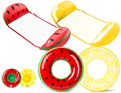 Becenbin 2Packs Hammock Inflatable Pool Floats In Fruit Pattern, Multi-Purpose Comfortable Floating Chair For Adults&Kids With 2 Swim Rings&2 Cup Holders,Backyard Swimming Raft/Lounger Pool Accessory #TOP29