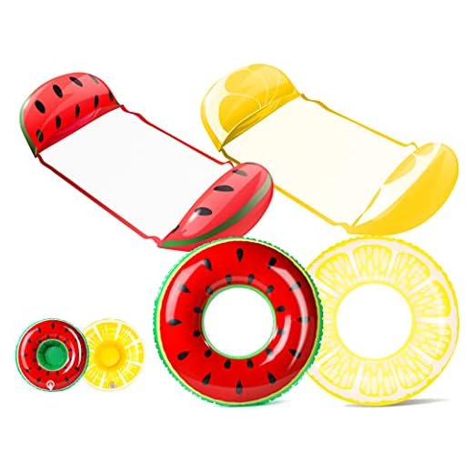 BECENBIN 2Packs Hammock Inflatable Pool Floats in Fruit Pattern, Multi-Purpose Comfortable Floating Chair for Adults&Kids with 2 Swim Rings&2 Cup Holders,Backyard Swimming Raft/Lounger Pool Accessory