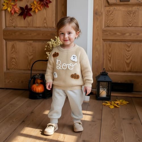 Toddler Baby Boy Girl Halloween Outfit Sweater Pumpkin Embroidery Long Sleeve Knit Sweatshirt Fall Winter Pullover (G-White, 2-3 Years) - Image 2