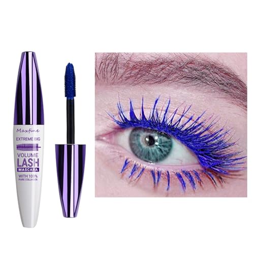 Blue Mascara,5D Silk Fiber Eyelash Volume with Soft Brush, Lash Sensational Volumizing,Long-Lasting Waterproof No Smudge with False Lash Effect(White Tube-Blue)