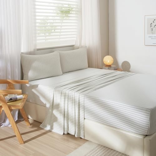 LIFETOWN 100% Jersey Knit Cotton 4 Pieces Sheet Set T-Shirt Feel Utral Soft and Wrinkle Free (White Green Stripes, King) by LIFETOWN - Used condition - Image 2