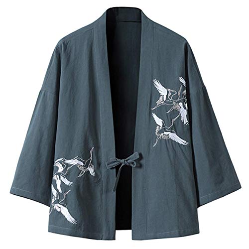 Image of Mens Japanese Kimono Cardigan Cotton Linen Haori Fashion 3 /4 Sleeve Yukata | Shawl Collar Kimono Jacket Robe Embroidery Patchwork Happi Coat Tie Pockets Lightweight Outerwear Daily Casual All Seasons