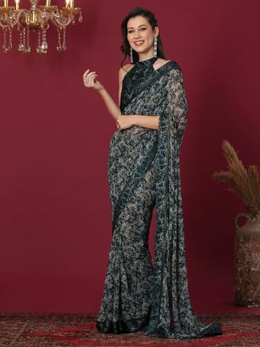 Image of Satrani Women's Weight Georgette Floral Printed Saree with Unstitched Blouse Piece