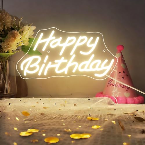 Image of Happy Birthday Neon Sign, 5V USB LED Neon Light with On /Off Switch, Warm White Neon Signs for Birthday Party Decorations, Bedroom Wall Decor, Birthday Gifts(Happy Birthday4)
