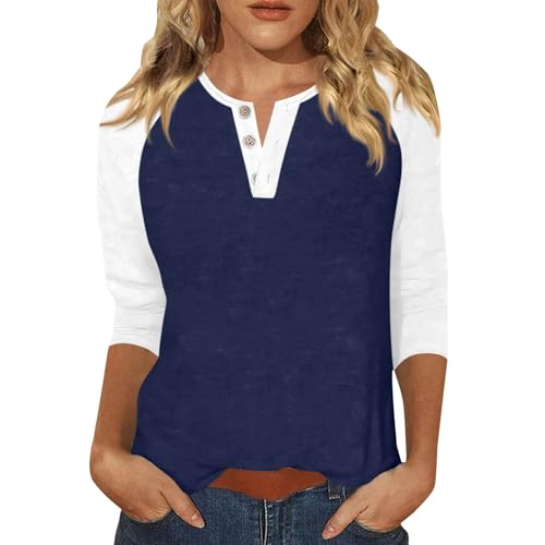 Image of Color Block Polo Shirts for Women Loose Fit Color Block V Neck Button Up 3/4 Sleeve Shirt Ladies Summer Outdoor Golf Running Casual Blouse Tops Plus Size Navy
